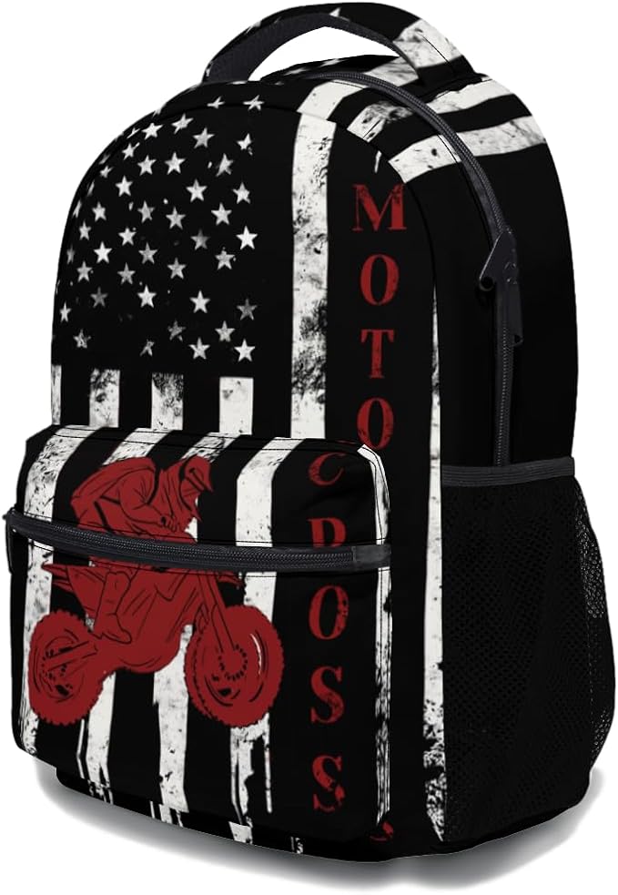 Dirt Bike Backpack for Boys American Flag Motocross School Bookbag Vintage Black White and Red Racing Motorcycle College Shoulders Back Pack for Travel Hiking Camping