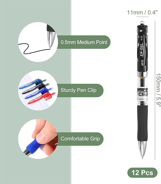 M&G Gel Pen Medium Point 0.5mm, 12 Pack Quick Dry Smooth Retractable Black Gel Ink Rollerball Pen for Home Office Writing Note Taking Journaling Business, Style 1