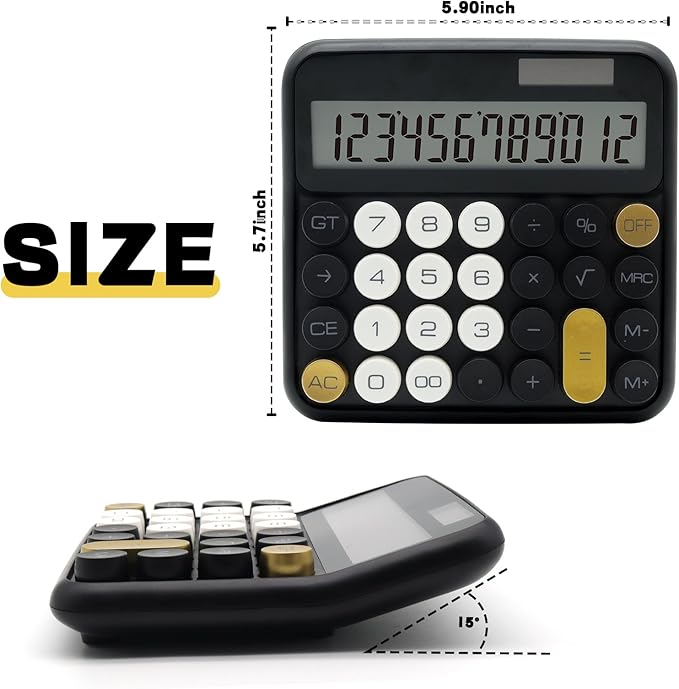 Standard 12 Digit Calculator with Large LCD Display and Big Buttons - Black Gold Office Accessories for Women's Desk