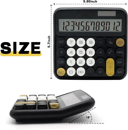 Standard 12 Digit Calculator with Large LCD Display and Big Buttons - Black Gold Office Accessories for Women's Desk
