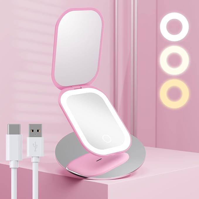 Benbilry Lighted Compact Travel Mirror with 3 Color Lights, 1X/3X Magnifying Ultra Slim Rechargeable Pocket Mirror for Purse, 2-Sided, Handheld, Folding, Portable, Pink