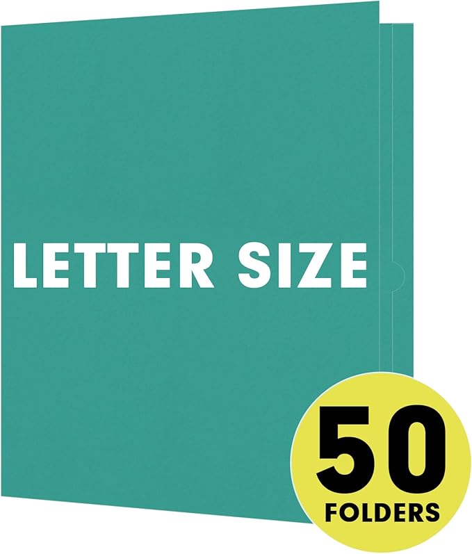 Two Pocket Folders, RAZCC 50 Pack 2 Pocket Folders Fit Letter Size Paper, Paper Folders with Pockets for School Office Business Home, Turquoise