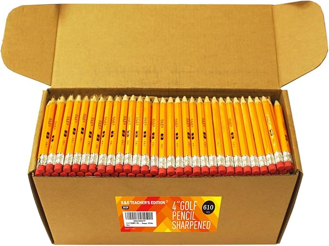 S & E TEACHER'S EDITION 610Pcs Wood Pencils Half Pencils with Eraser Top, Golf, Classroom, Pew Wood-cased #2 HB, Hexagon, 610/Box.