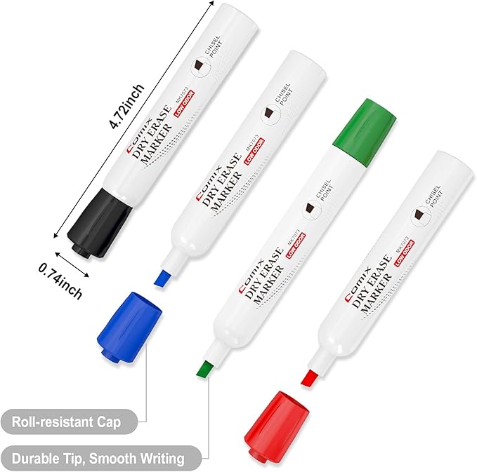 Comix Dry Erase Markers, 4 Assorted Colors, 4 Sets of 36 Markers, 144 Markers Total, Chisel Tip Whiteboard Makrers for Teachers Office & School Supplies