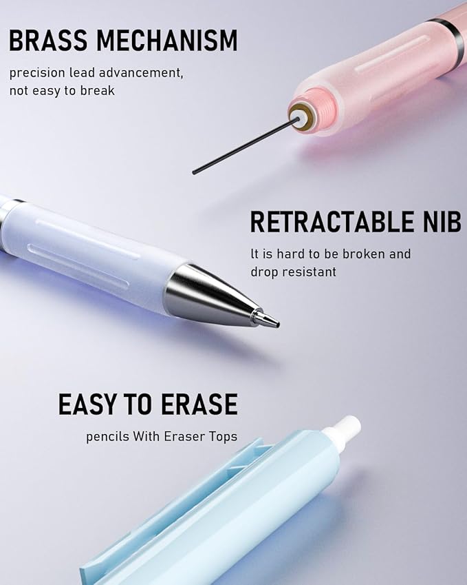 Nicpro 3PCS Pastel Mechanical Pencil Set, 0.9 Mechanical Pencil with 6 Tubes HB Lead 0.9mm, 3PCS Eraser & 9PCS Eraser Refill, Cute School Supplies for Writing, Sketching, Drafting-With Case
