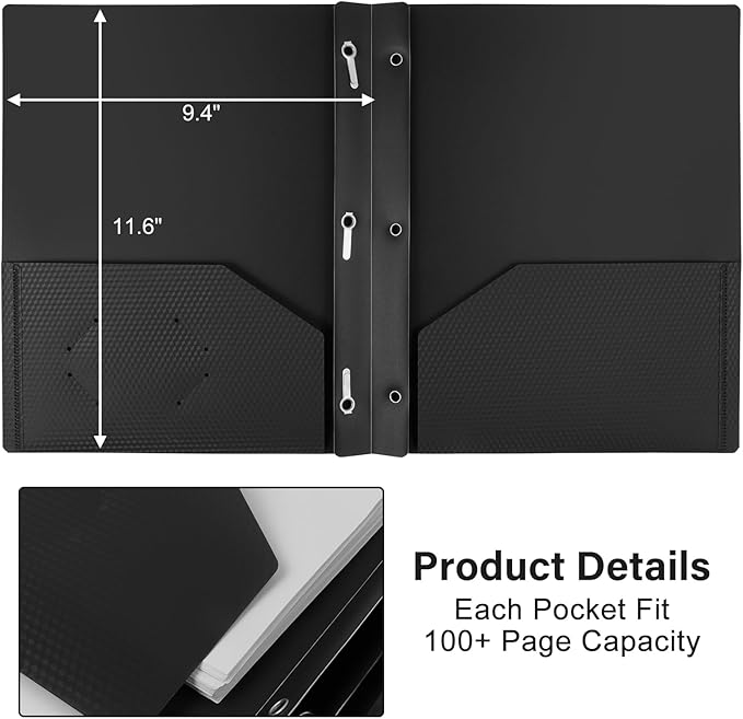 60-Pack Plastic Folders with Pockets and Prongs,2-Pocket Folders with 3 Fasteners, Poly Folders Holds 8-1/2" x 11" Paper for School/Office/Home, Black