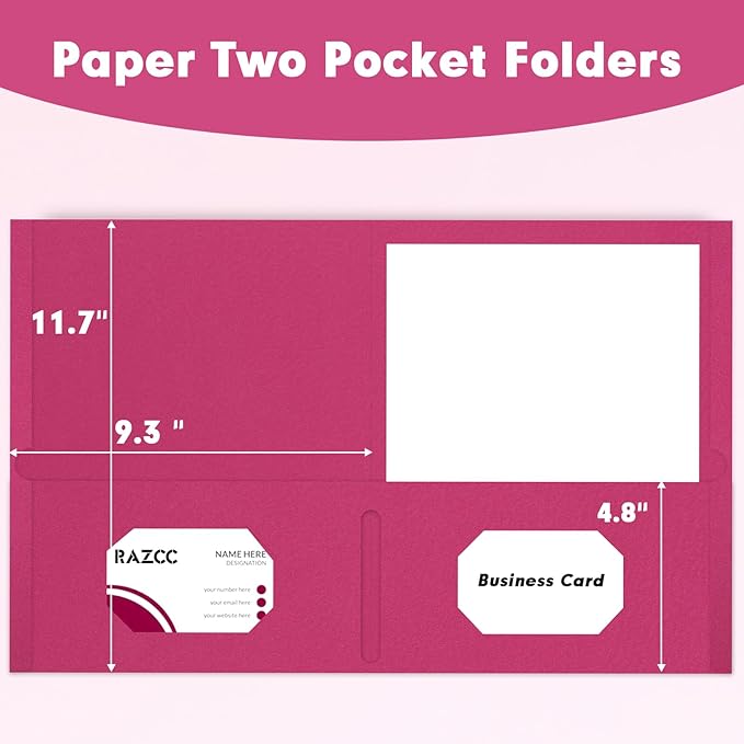 Two Pocket Folders, RAZCC 50 Pack 2 Pocket Folders Fit Letter Size Paper, Paper Folders with Pockets for School Office Business Home, Magenta