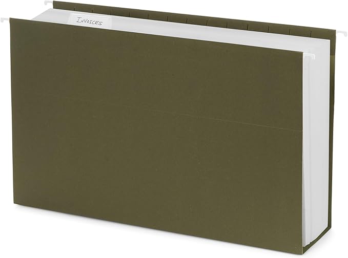 25 Blue Summit Supplies Legal Size Hanging File Folders with 3" Expansion, Standard Green Expandable Hanging File Folders, 25 Plastic Tabs and Inserts, Durable 12pt Paper