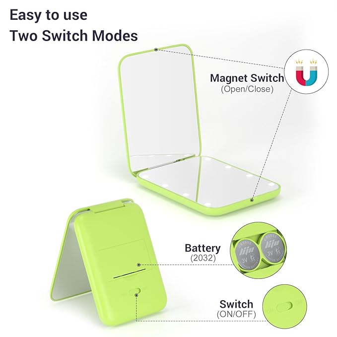 Kintion Pocket Mirror, 1X/3X Magnification LED Compact Travel Makeup Mirror with Light for Purse, 2-Sided, Portable, Folding, Handheld, Small Lighted Mirror for Gift, Light Green