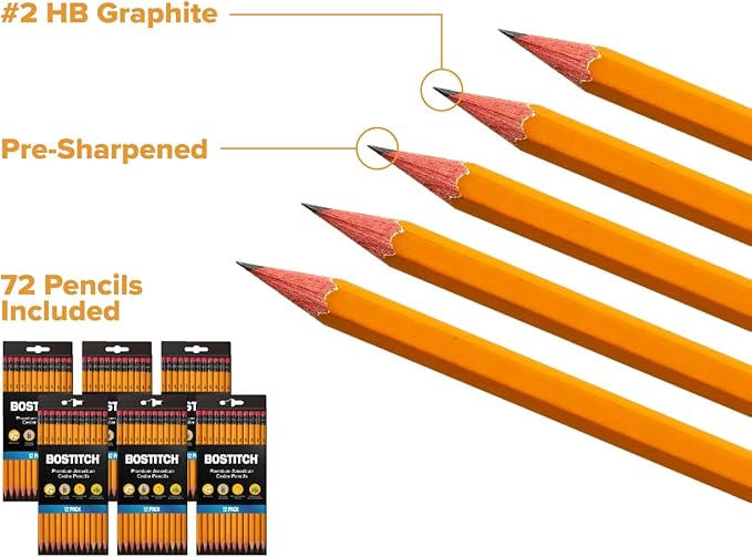 Bostitch Office Premium Pencils #2, Pre-Sharpened, American Cedar Wood, HB Graphite, Bulk 72-Pack