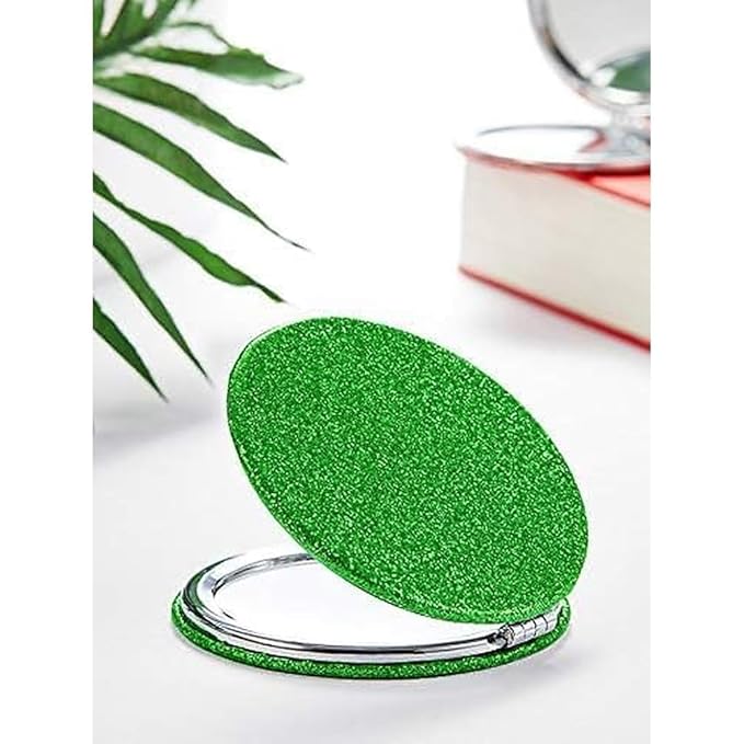 OMIRO 1X/10X Magnifying Compact Mirror with PU Leather, Ultra-Portable for Purses and Travel, Round Green
