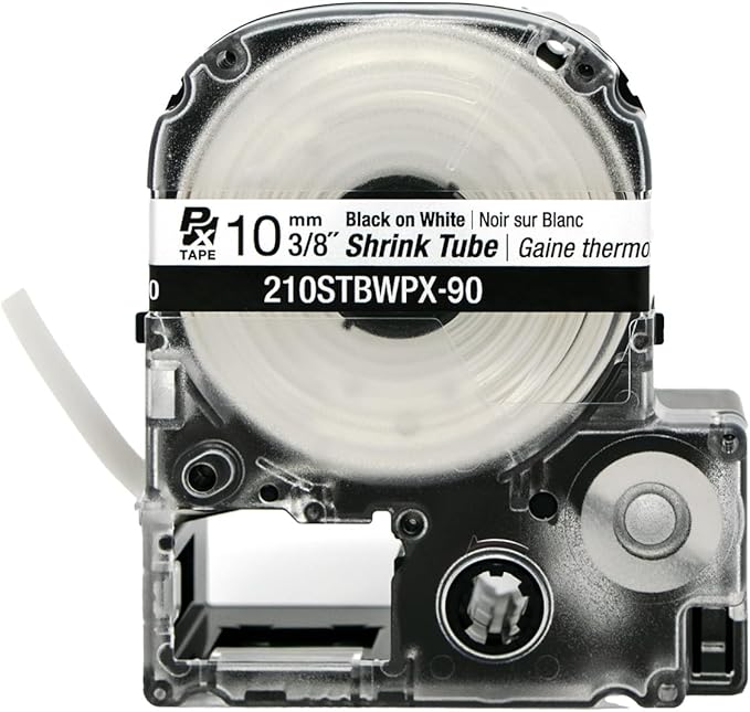 Epson LABELWORKS 210STBWPX-90 Genuine Tape Cartridge - Black on White Shrink Tube Industrial Label Maker Tape - AWG 4-12, 3/8" (10MM) Wide, 7.5 ft (90")