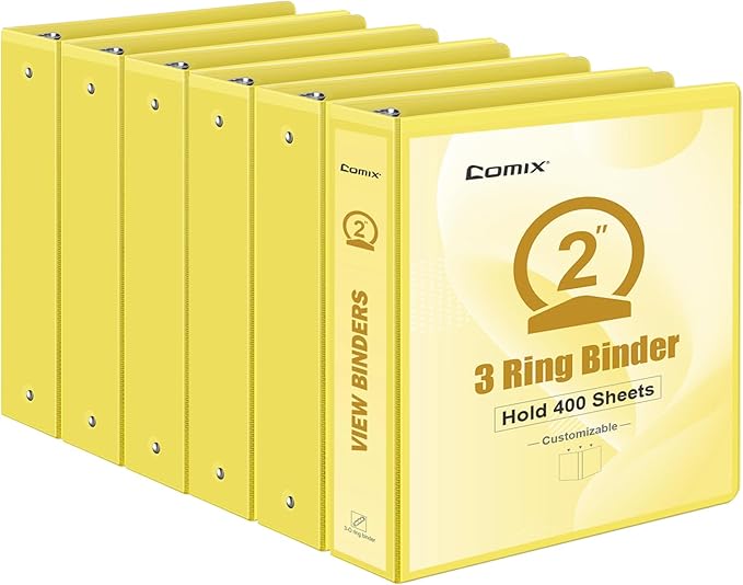COMIX Standard 3 Ring Binder 2 inch with Clear View Cover, 2" Round Ring View Binder Holds 400 Sheets of US Letter Size Paper, 6 Pack (Lemon Yellow)