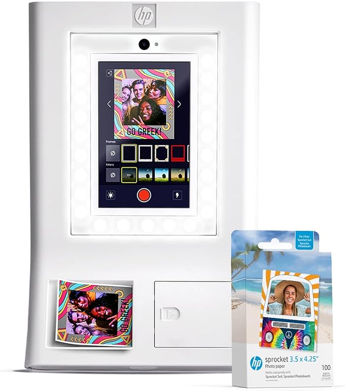 HP Sprocket Photo Booth + 110 3x4 Zink Paper Sheets, Digital Instant Color Photo Printer, 10.1" Touchscreen Photobooth, LED Ring Light, Customize w/ 250+ Frames, Share via QR Code, Mobile App, White