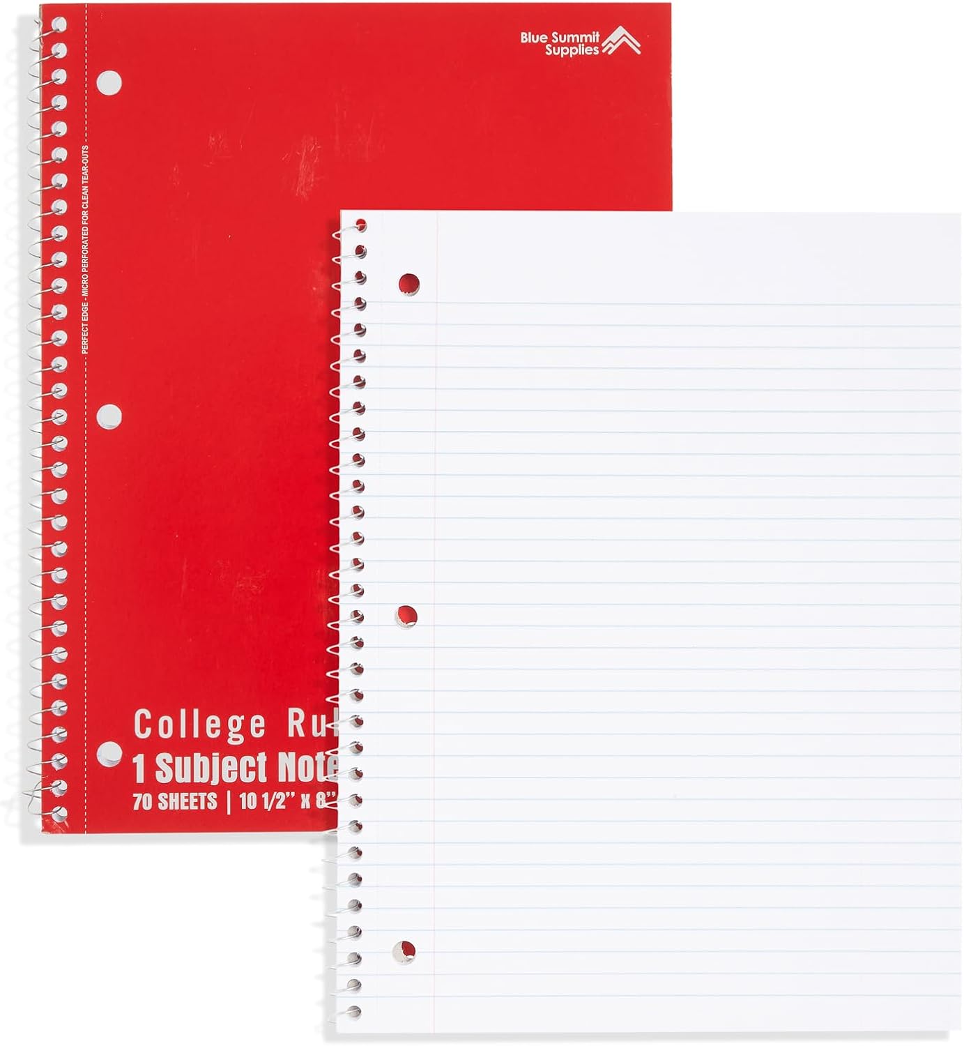 Blue Summit Red Spiral Notebooks Bulk, One Subject Spiral Notebook College Ruled, Perforated Notebook, 8 x 10.5 for Work and School, Paper, College Ruled, Bulk 48 Pack