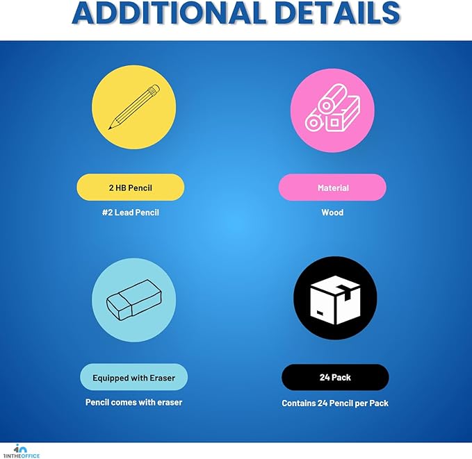 1InTheOffice Pre Sharpened Pencils #2, Pencils with Eraser, 2 HB, Wood-Cased, Black Lead, Yellow Barrel (24)