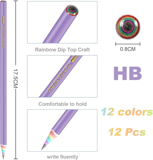 12PCS Eco-friendly Wood & Plastic Free Recycled Rainbow Paper Pencils #2 HB Pencils Number 2 Pencils Erasers Toppers with Pencil Sharpener, Macaron Paper Pencils for School and Office Supplies