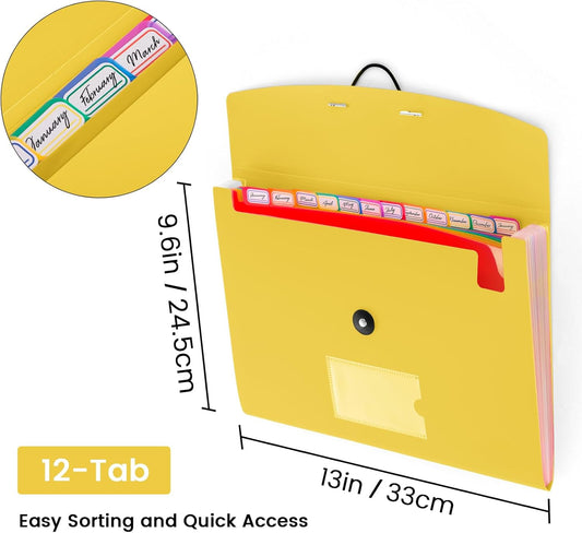 13 Pocket Accordion File Organizer with Elastic Closure, Expanding File Folder for Letter Size A4 Papers, Ideal for Home, Office Supplies, College Essentials - Yellow