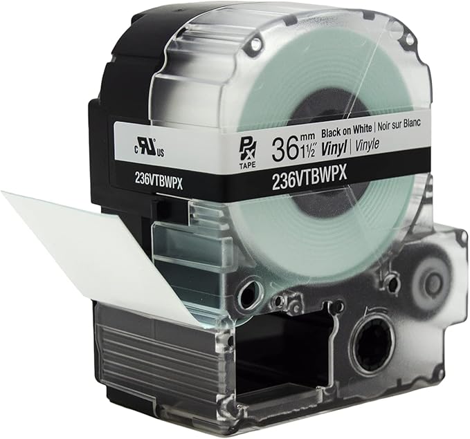 Epson LABELWORKS 236VTBWPX Genuine Tape Cartridge - Black on White Flexible and Durable Vinyl Industrial Label Maker Tape - 1.5" (36MM) Wide, 22.9 ft