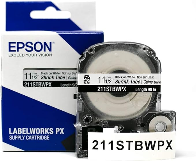 Epson LABELWORKS 211STBWPX Genuine Tape Cartridge - Black on White Shrink Tube Industrial Label Maker Tape - AWG 2-8, 1/2" (11MM) Wide, 8 ft (96")