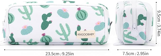 ANGOOBABY Large Pencil Case Big Capacity 3 Compartments Canvas Pencil Pouch for Teen Boys Girls School Students (Green Cactus)