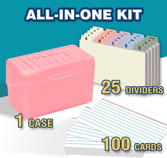 H4D 3x5 Index Card Holder with 100 Heavyweight Ruled Index Cards and 25 Plastic Dividers, Light Pink
