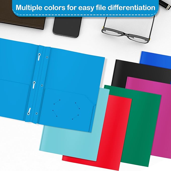 Heavy Duty Plastic Folder, 60 Pack, Pocket Folder with brads, Letter Size Poly File, Plastic Folders with 3 Prongs Fasteners - Sky Blue