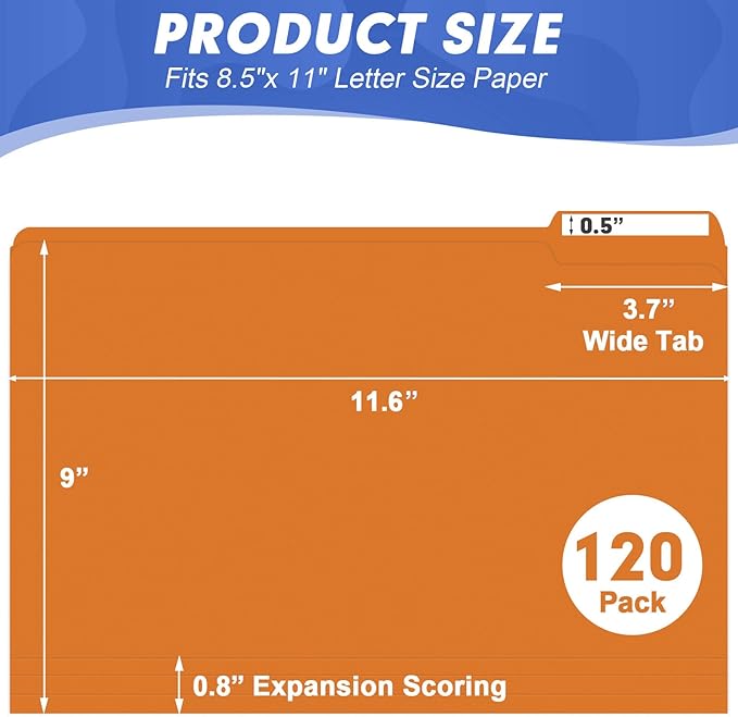 File Folder, HERKKA 120 Pack 1/3 Cut Tab File Folders, File Folders Great for Organizing and Filing, Letter Size, Orange