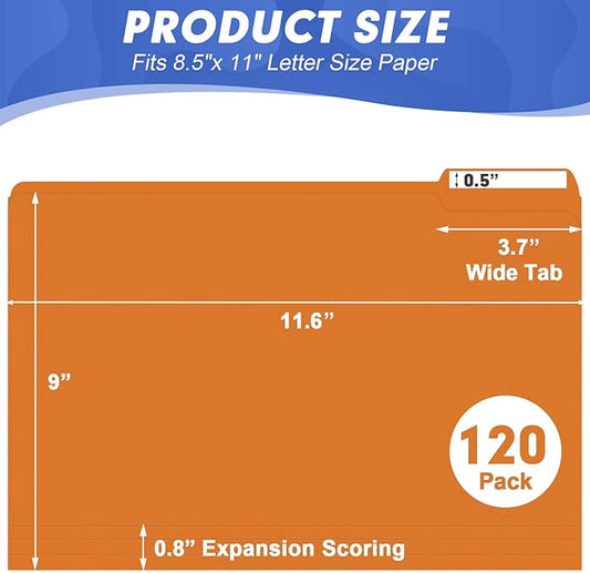 File Folder, HERKKA 120 Pack 1/3 Cut Tab File Folders, File Folders Great for Organizing and Filing, Letter Size, Orange