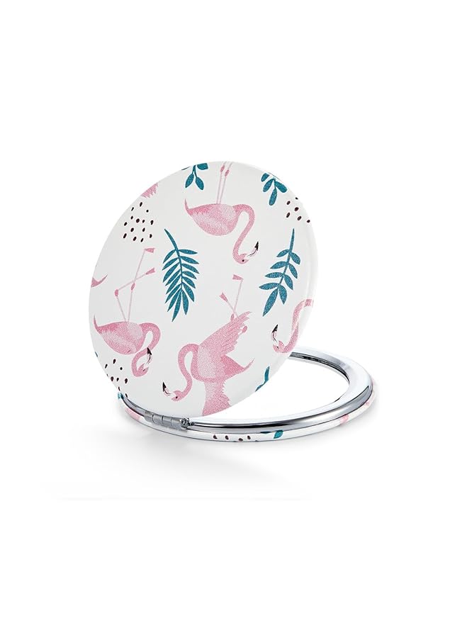 OMIRO 1X/10X Compact Magnifying Mirror, Unique Painting Pocket Mirror with Classical PU Leather (Round, Pink Flamingos)