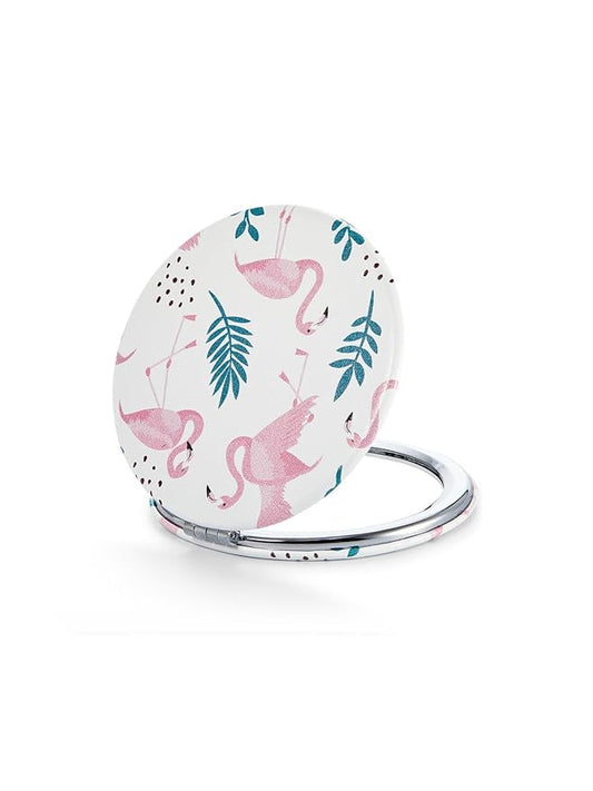 OMIRO 1X/10X Compact Magnifying Mirror, Unique Painting Pocket Mirror with Classical PU Leather (Round, Pink Flamingos)