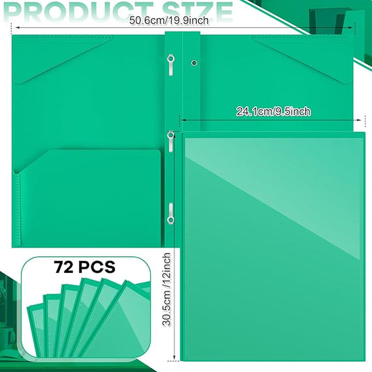 Henoyso 72 Pcs Plastic Folder with Clear Front Pocket and 3 Prong Plastic Folders with Card Slot Pocket Folders with Prongs for School Office (Green)