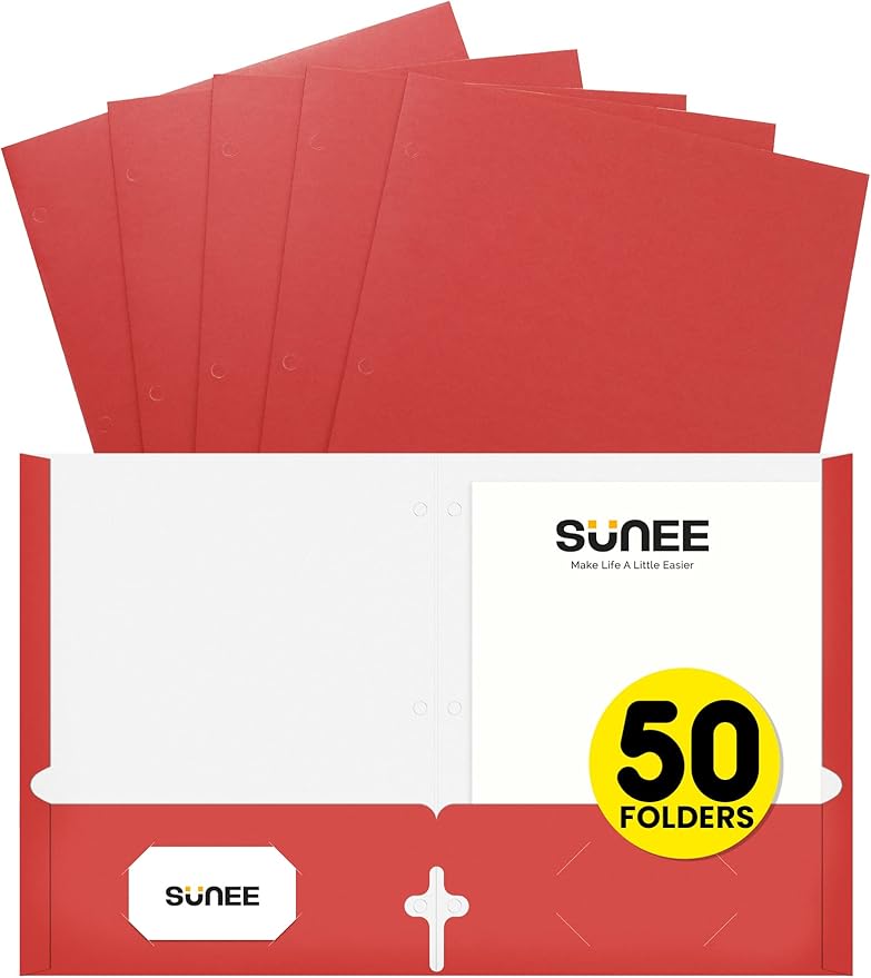 SUNEE Folders with Pockets 3 Hole Punched(50 Pack, Red), 2 Pocket Folders Fit Letter Size Paper, Paper File Folder for School Office Home Business