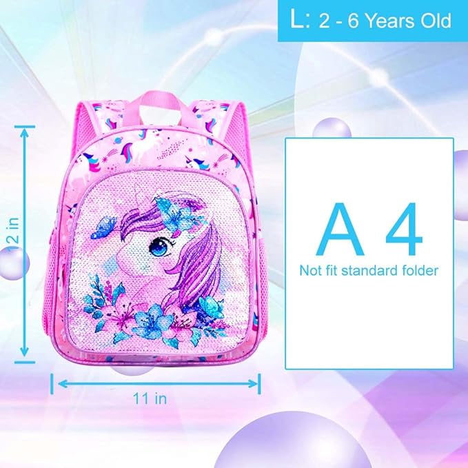 Toddler Backpack for Girls, Cute Unicorn Bookbag for Little Kids, 12” Sequin Kindergarten Preschool Schoolbag