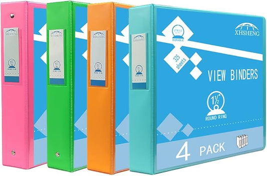 4 Pack 1.5 Inch 3 Ring Binder with Pockets - Extra Durable Round Ring Binders for 8.5" x 11" Paper, PVC-Free， School & Office Supplies, Assorted Colors