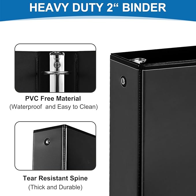2 Inch 3-Ring Binder, 2" Round Ring Binder with 2 Inside Pockets, 6 Pack Black Binders, Clear View Cover, Holds Up to 450 Sheets 8.5" x 11" Paper，Study Binders for Office/Home/Back to School