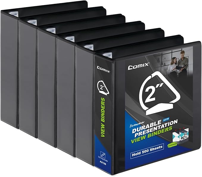 Comix Sturdy 2 Inch D-Ring Binders, 2'' 3 Ring Binder with Clear View Cover, Holds 500 Sheets of 8.5" x 11" Paper, 6 Pack (Black)