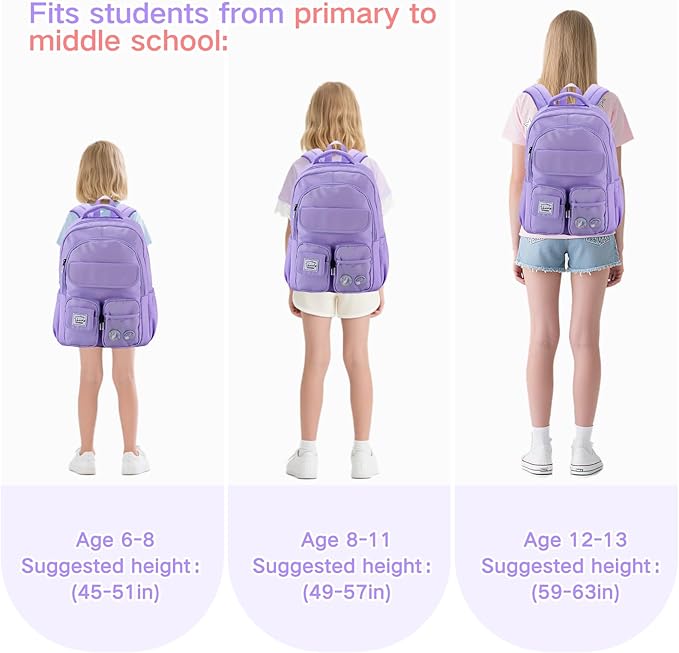 VASCHY Backpack for Girls, Cute School Bag Bookbag for Elementary Middle Schooler Teen Girls/Kids Travel with Clear Pin Pouch Purple