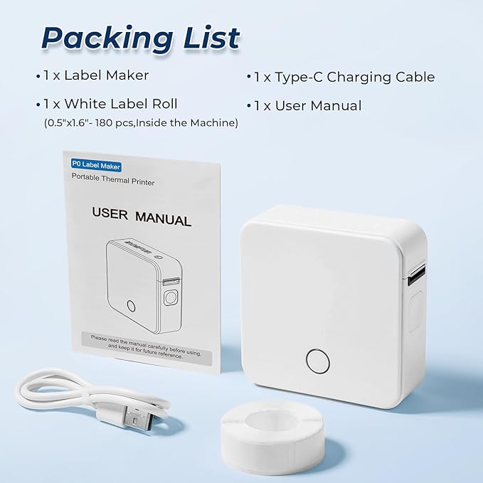 Label Maker Machine with Tape P0 Rechargeable Bluetooth Mini Label Printer Portable Small Thermal Labeling Machine Easy to Use for Home Office School Organization Battery Included White