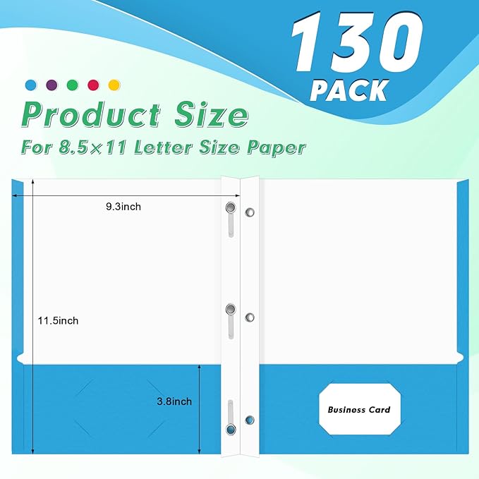 Two Pocket Folders, PANDRI 130 Pack Two Pocket Folders with Prongs, 2 Pocket 3 Prong Folders Designed for Office and Classroom, Letter Size, Assorted 5 Colors