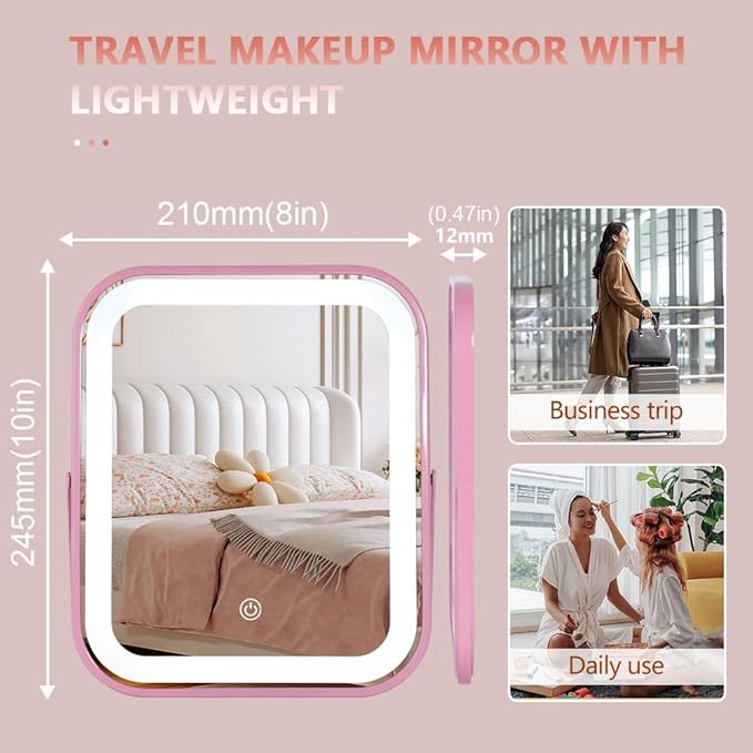 Pink Rechargeable Vanity Mirror with Lights, LED Makeup Mirror, 10"×8" Lighted Makeup Mirror with Lights, Smart Touch Control Dimmable 3 Modes Light, Lighted Up Mirror for Makeup Desk, Bedroom