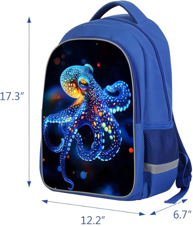 Kids Backpack, 3D Reflective Cartoon, 600D Polyester & Dual Zippers, 17" Bookbag with Ergonomic Design for boys & girls age 6-18, Octopus Space Style for school Children Kids