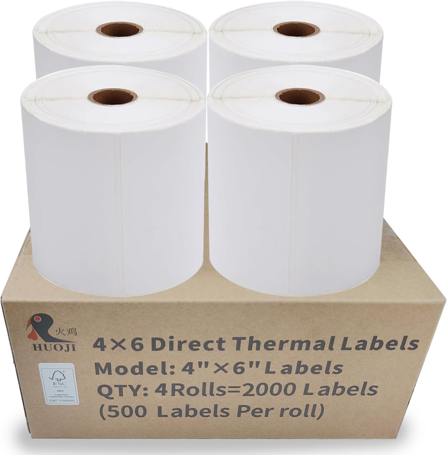 HUOJI 4x6 Direct Thermal Shipping Labels, 4 Rolls 2000 Labels, Compatible with Rollo, Zebra, MUNBYN Printers, Commercial Grade