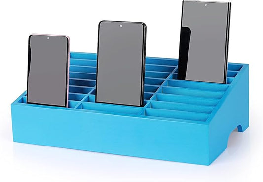 24-Grid Wooden Cell Phone Holder Desktop Organizer Storage Box for Classroom Office (Blue 24-Grid)