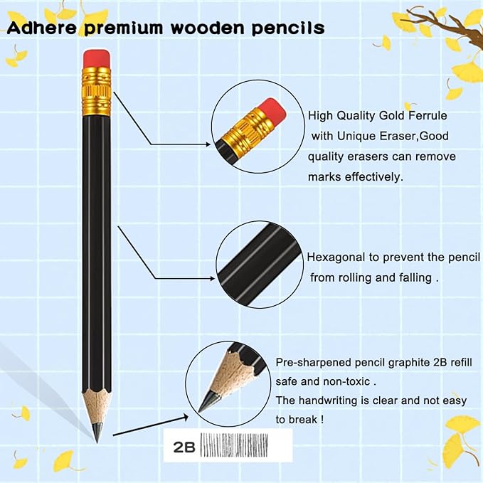 Adhere 50pcs Golf Pencils with Eraser Hexagon Wooden half Pencils Graphite 2B for Golf Event Scoring, Classroom, Wedding, Pew, Pocket | Free Pencil Sharpener (z-Black・Hexagon・50pcs)