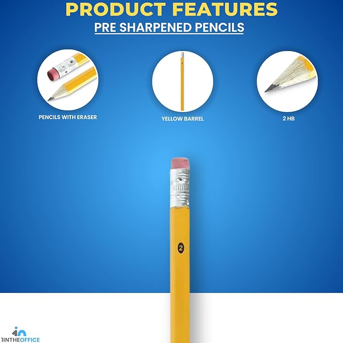 1InTheOffice Pre Sharpened Pencils #2, Pencils with Eraser, 2 HB, Wood-Cased, Black Lead, Yellow Barrel (24)
