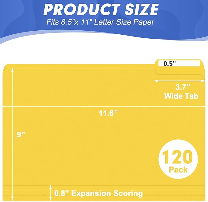 File Folder, HERKKA 120 Pack 1/3 Cut Tab File Folders, File Folders Great for Organizing and Filing, Letter Size, Yellow