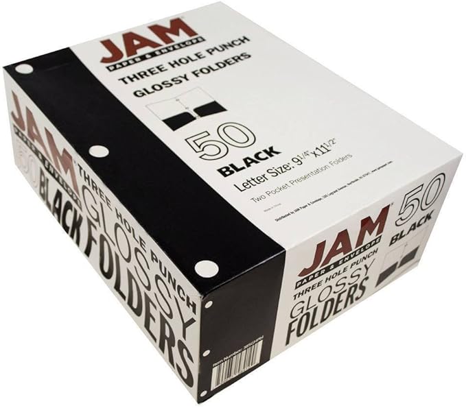 JAM PAPER Laminated Two Pocket Glossy 3 Hole Punch School Folders - Letter Size - High Gloss Black - Bulk 50/Box
