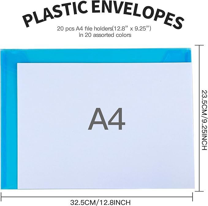 LEOBRO Plastic File Folders for Documents, 20 PCS Plastic Envelopes, Reusable File Folders File Bags Document Holder, A4 Size