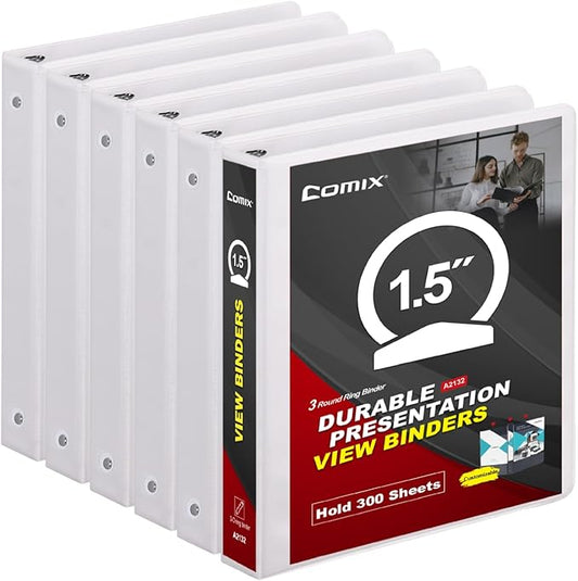 COMIX Sturdy 3 Ring Binder 1.5 inch with Clear View Cover, 1-1/2" Round Ring View Binder, PVC-Free, 300 Sheets Capacity of US Letter Size Paper, Office ＆ School Supplies, 6 Pack (White)